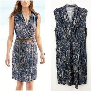 Peruvian Connection Venice Faux Wrap Dress Size L Blue Gray Swirl Pima Cotton